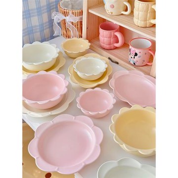 胡桃集市 ins風日式陶瓷花邊盤子釉下彩家用菜盤西餐盤馬卡龍色