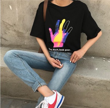 FINDSENSE H1 2018 韓國 原宿 ins超火 手指印花  女短袖 T恤女 寬松 百搭女 上衣潮