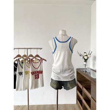 寬松無袖運動背心女2025夏季新款韓版U領撞色字母印花外穿坎肩潮