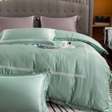 Aaron艾倫生活家 素色刺繡系列 頂級60支100%萊賽爾天絲TM床包枕套3件組  翡翠綠  雙人 床包(150×186cm) + 歐式壓框枕套(47×75cm)  床包 + 歐式壓框枕套 2個