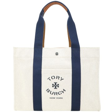 TORY BURCH Tory 印花標誌撞色帆布拼接手提 肩背托特包(自然米色)