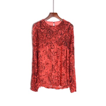 春款女裝蕾絲衫有內襯雙層通勤復古長袖圓領上衣服鏤空