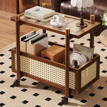 AOTTO 復古雙層附輪收納置物架(茶几 邊桌 推車 置物架 收納架)