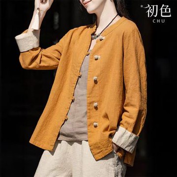 初色 復古新中式拚色寬鬆盤扣圓領長袖襯衫茶服外套女外套-共2色-16072(M-2XL可選)