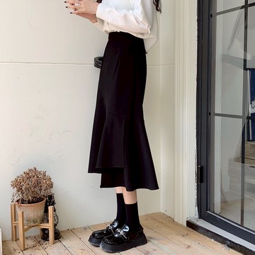 不規則魚尾裙半身裙女秋冬中長款黑色顯瘦a字裙2021年新款包臀裙