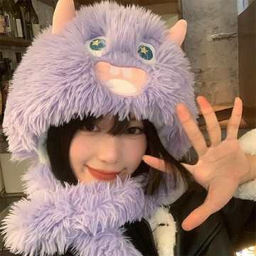 可愛小怪獸毛絨帽子圍巾一體女冬季保暖護耳雷鋒帽騎車防風兩件套 雙11全館免運