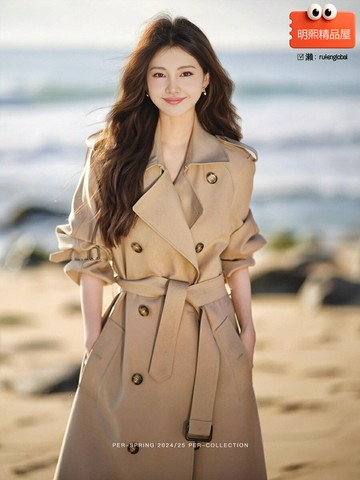 【小個子顯高】風衣外套 女風衣 卡其色風衣 中長款風衣 英倫風衣 春秋外套 高端垂感面料 雙排扣設計 2025早春新款 通勤休閒兩穿
