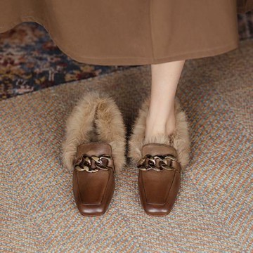 非侈Feichi 真皮方頭鏈條加絨毛毛單鞋女 新款兔毛平底樂福鞋