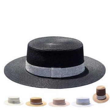 帽子女款2025新款夏季草帽沙灘度假平頂黑色禮帽赫本風英倫防曬帽