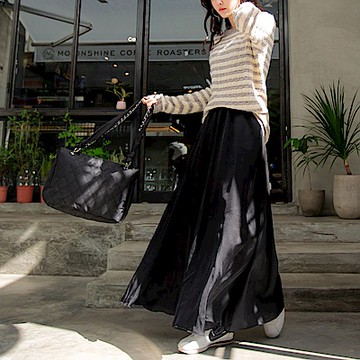 OB嚴選-純色質感光澤腰鬆緊長寬褲裙