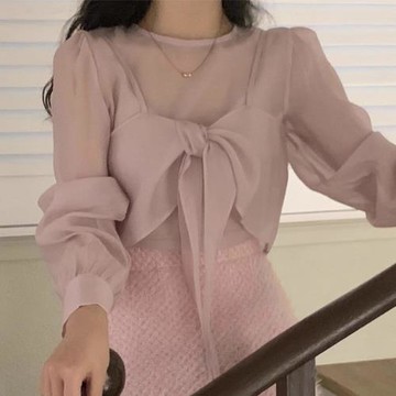 韓國chic秋季溫柔氣質圓領拼接蝴蝶結系帶寬松百搭長袖襯衫上衣女