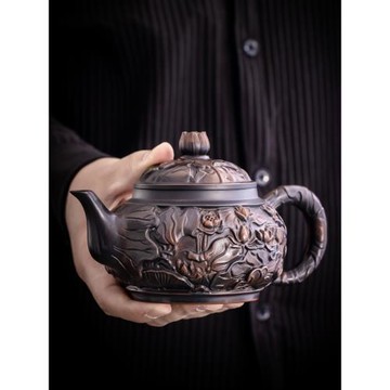 紫陶茶壺單壺純手工深堆雕茶具大容量泡茶器原礦紫砂高端泡茶單壺