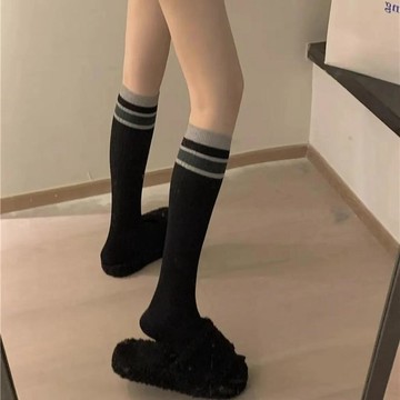 米色學院風長筒襪🔥英倫JK條紋撞色中筒襪 顯瘦小腿長襪 女生百搭高筒襪 校園穿搭米色襪 日常外穿女襪 春秋休閒女襪