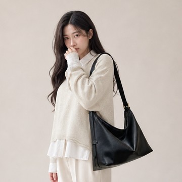 ANNA DOLLY 多層次收納平紋慵懶包 輕量可調長背帶 內置拉鍊中隔層 都會女性質感側背包 黑色