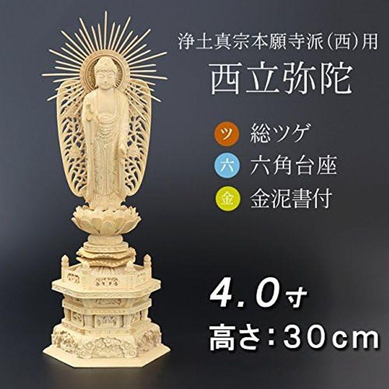 京仏壇はやし 仏像 総ツゲ 六角台座 西立弥陀 金泥書 4寸 高さ30cm 幅10.8cm 奥行7.8cm (浄土真宗 西本願寺派 お西 西