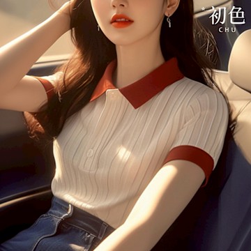 初色 休閒氣質顯瘦拼接撞色正肩條紋翻領短袖POLO衫襯衫上衣女上衣-條紋-11454(M-XL可選)