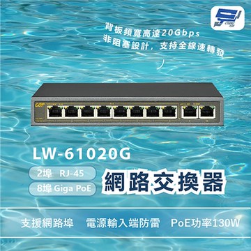 昌運監視器 LW-61020G 8埠Giga PoE/2埠RJ-45網路交換器 PoE功率130W