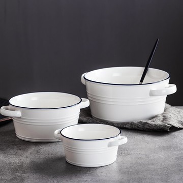 雙耳陶瓷湯碗 簡約烘焙碗陶瓷碗沙拉碗水果碗 大小號家用創意餐具