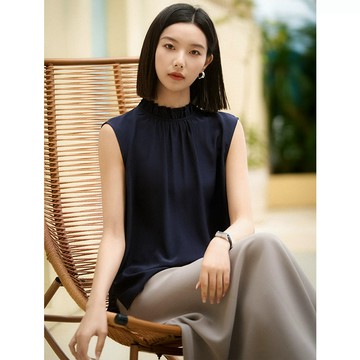 【桃喜Rich女裝】藏藍色無袖上衣 素絲清和｜透氣輕氧花邊領襯衫 日常休閒上衣 寬鬆顯瘦上衣 韓版氣質女裝