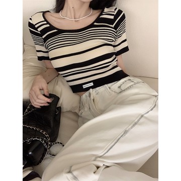 【太妮絲Q112】現貨 韓系 簡約 方領條紋針織上衣 小標籤 背心 INS 背心 短袖上衣 小