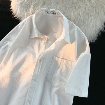 Deschpe 日系純色簡約翻領短袖襯衫女夏季寬松bf休閑百搭半袖外套