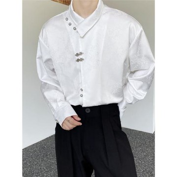 原創新中式國風緞面不規則暗紋立領潮流復古金屬扣盤扣長袖襯衫男