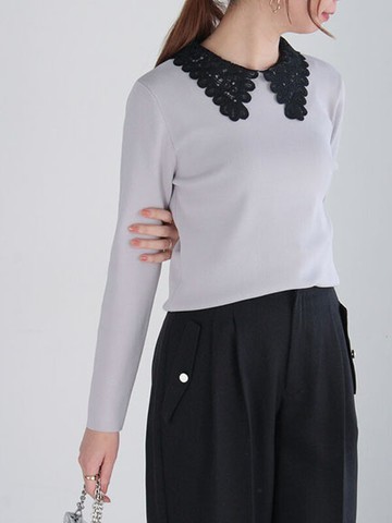 蕾絲領長袖針織上衣(0F000373110) - Te chichi