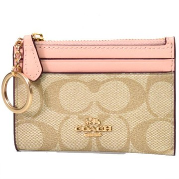 TORY BURCH - 滿版LOGO拼接皮革卡片零錢包 (米粉)