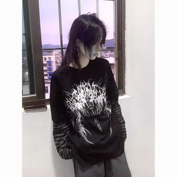 長袖T恤女 女裝上衣打底衫 新款春秋冬長袖T恤 大尺碼女裝 二次元INS日係搖滾闇黑印花假兩件長袖T恤寬鬆打底中上衣潮