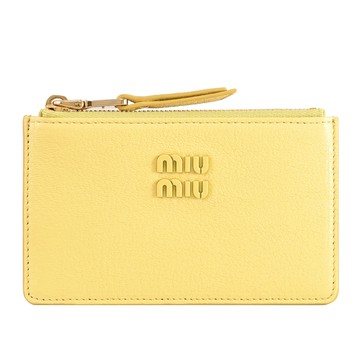 MIU MIU 5MB060 浮雕LOGO山羊皮零錢卡包.檸檬黃/白