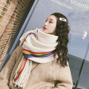 韓版彩虹條紋圍巾女秋冬季加厚仿羊絨披肩百搭毛線學生小清新圍脖1入