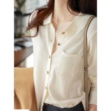 正品哥家新款2025新款秋冬氣質顯瘦翻領羊毛針織開衫薄款純色毛衣