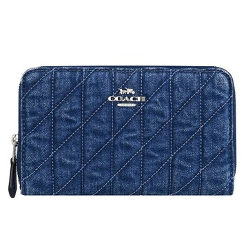 COACH CAP29 馬車LOGO牛仔布絎縫ㄇ字拉鍊中夾.靛藍