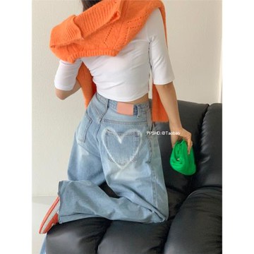 PPSHD春裝韓國復古做舊水洗直筒毛邊寬松后愛心百搭高腰牛仔褲女
