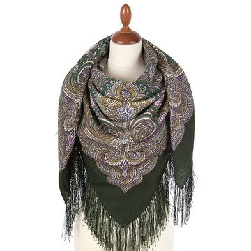 Pavlovo Posad 俄羅斯披肩 100% 羊毛圍巾 125x125 公分 絲綢流蘇 款式 715-9