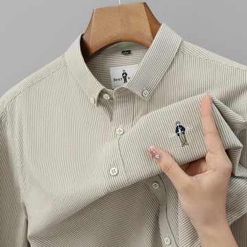 【新款熱賣】新款條紋長袖襯衫春秋季抗皺中青年襯衣人物刺繡潮流全棉