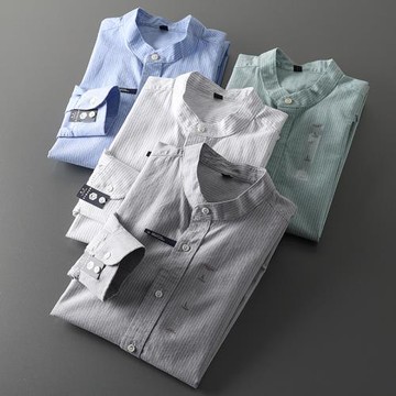成衣水洗！國風小立領！外貿男裝工廠剪標尾貨秋冬條紋長袖襯衫潮