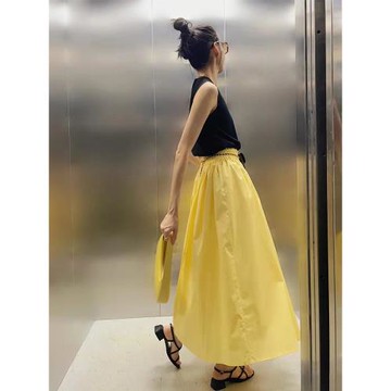 黃色高腰A字半身裙女夏季法式中長款百褶裙休閑百搭遮胯大擺傘裙