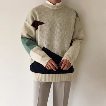 MRCYC冬季加厚拼色圓領毛衣男韓系潮流情侶慵懶風寬松針織毛線衫