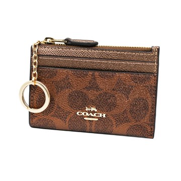 COACH 經典LOGO緹花皮革卡夾鑰匙零錢包 珠光x棕銅色 CCS50 IMYGQ