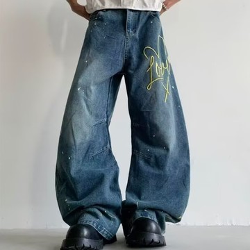 美式復古潮流重工字母燙鑽牛仔褲男新款設計感小眾拖地闊腿長褲男