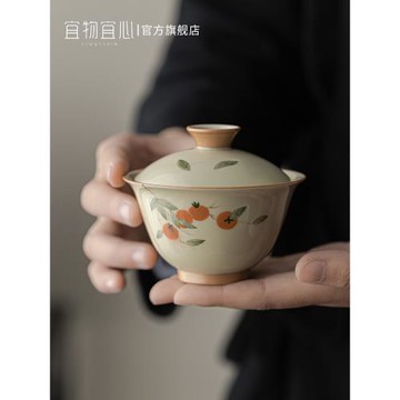 手繪柿柿如意陶瓷泡茶器三才小蓋碗單個高檔茶杯茶碗帶蓋茶具套裝