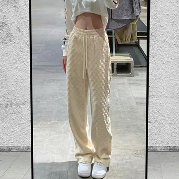 棋盤格闊腿褲女春秋2022年新款寬松直筒小個子高腰垂感白色拖地褲