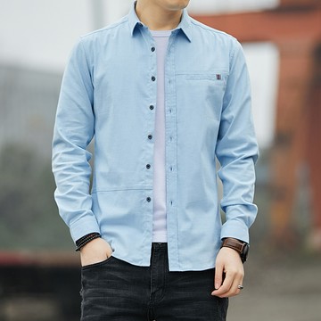 簡約一字口袋 時尚黑扣休閒長袖襯衫 / 純棉彈力萊卡 / 抗皺免燙/ 商務襯衫 / 4色 / M-4XL / 大尺碼【QTJBY1808】