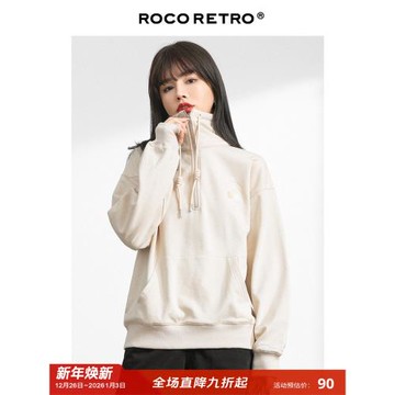 【清倉特價】ROCO白色拉鏈刺繡衛衣女秋季chic寬松ins潮長袖上衣