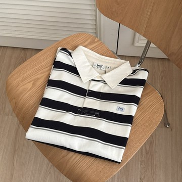 【FJstore】韓國 LEE 貼布logo 條紋 polo領 短T 短踢 寬鬆 落肩 短袖上衣 男生短袖 女上衣 情侶