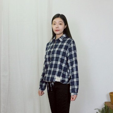 花木馬日系女裝清新格紋綁帶收口襯衫上衣