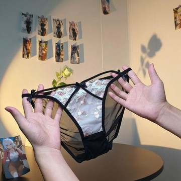 Xuan♥ 女士性感內褲性感交叉國風刺繡高開叉鏤空透氣網紗小清新三角褲頭