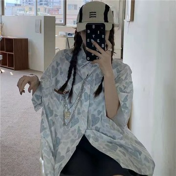 【XL-8XL大尺碼】👩短袖襯衫 大尺碼襯衫 雪紡襯衫紮染愛心印花短袖襯衫女薄款外套春秋季韓版寬鬆複古設計感上衣服