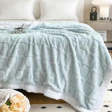 寢室安居 塔芙絨 + 羊羔絨 韓系 3D 立體緹花 抗靜電保暖毯被 1.6kg  200 x 150cm  霧霾藍